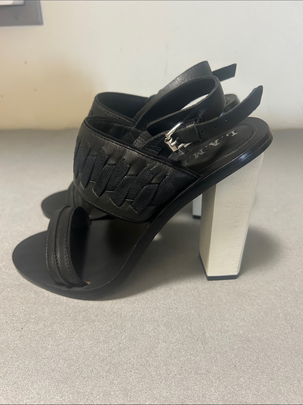 L.A.M.B. Black /white Leather Ankle-Strap Heels
